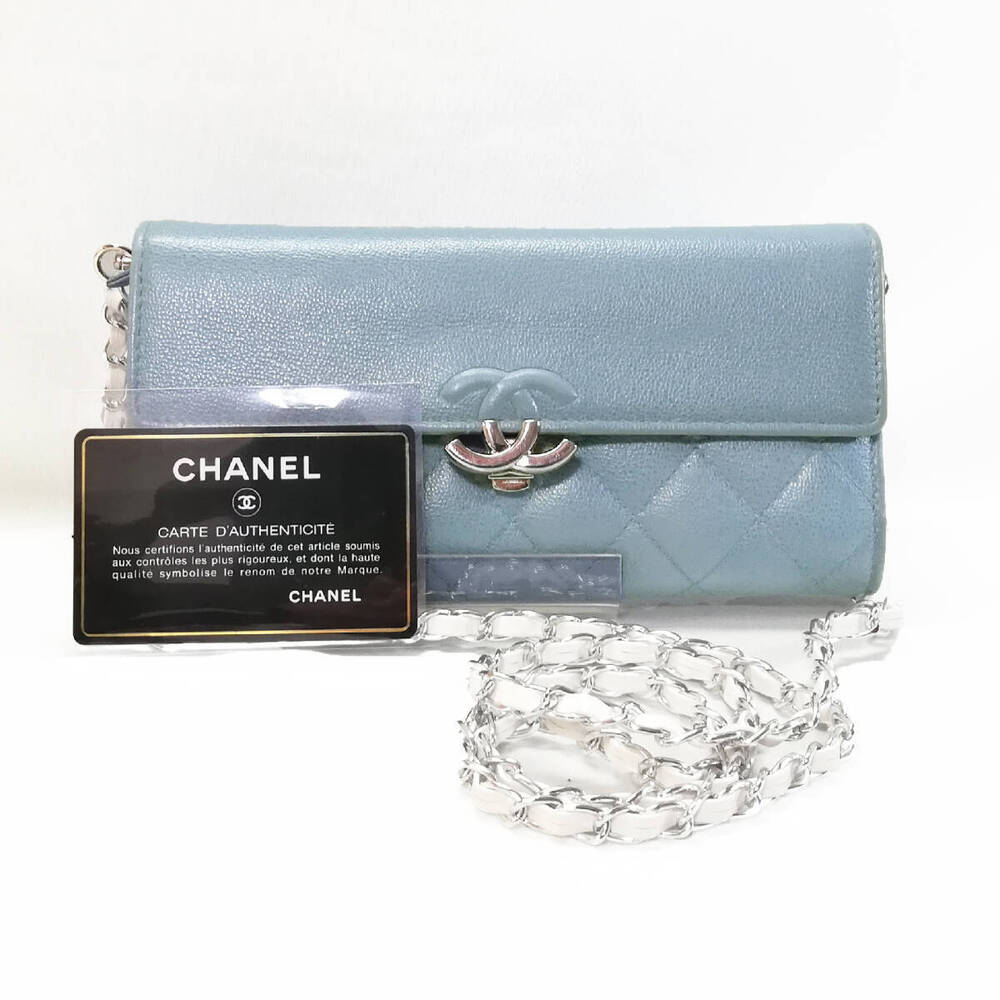 CHANEL Caviar Skin Matelasse Long Wallet Blue Silver Chain Shoulder